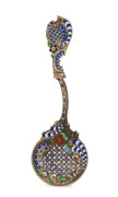 A stunning antique gilded silver and enamel sifting spoon, finely crafted in the Rococo manner, most likely Russian, 19th century, ​​​​​​​11.5cm long, 25 grams.