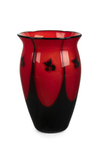 LOETZ Bohemian red and black art glass vase with hand-painted floral decoration, designed by Michael Powolny who was an active member of the famed Wiener Werkst&auml;tte, circa 1920s, 14.5cm high.