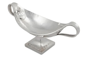An English Arts & Crafts sterling silver two handled bonbon dish by George Connell of 83 Cheapside, Birmingham, circa 1927, 10.5cm high, 24cm wide, 308 grams.