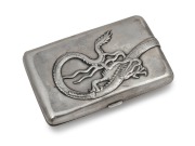WANG HING antique Chinese export silver cigarette case with applied dragon decoration, 19th/20th century, stamped "W.H. 90" with seal mark, ​​​​​​​12cm high, 218 grams. - 2