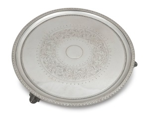 HESTER BATEMAN antique English sterling silver salver with engraved decoration, made in London, circa 1781, ​​​​​​​30.5cm diameter, 794 grams.