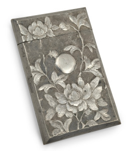 An antique Chinese export silver calling card case with peony decoration, stamped "A.B.C.", 19th/20th century, 9cm high, 72 grams.
