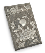 An antique Chinese export silver calling card case with peony decoration, stamped "A.B.C.", 19th/20th century, ​​​​​​​9cm high, 72 grams.