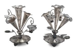 A pair of antique Chinese export silver epergnes with floral decoration, 19th/20th century, seal mark to base, 21cm high, 569 grams total.