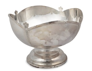 An English sterling silver centre bowl adorned with crowns and floral decoration, by Walker & Hall of Sheffield, 20th century, 17cm high, 25cm wide, 820 grams.