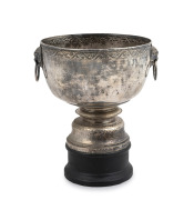 An antique Chinese export silver plate two handled bowl with lion mask decoration and foliate border, 19th/20th century, double seal mark to base, 18cm high, 22cm wide.
