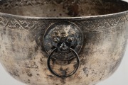 An antique Chinese export silver plate two handled bowl with lion mask decoration and foliate border, 19th/20th century, double seal mark to base, 18cm high, 22cm wide. - 2