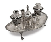 An antique Anglo-Indian 800 silver desk set with original blue glass liners, 19th century, 30cm wide, 1312 grams (not including liners). - 2