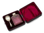 An antique English sterling silver and engraved crystal tea caddy and caddy spoon set in original plush fitted box, made by Walker & Hall of Birmingham, circa 1904, ​​​​​​​the caddy 9cm high.