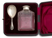 An antique English sterling silver and engraved crystal tea caddy and caddy spoon set in original plush fitted box, made by Walker & Hall of Birmingham, circa 1904, ​​​​​​​the caddy 9cm high. - 2