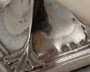 A pair of English Art Nouveau sterling silver and ivory knife rests housed in original plush fitted box, made in Chester, circa 1898, ​​​​​​​each rest 4cm high, 9cm wide. - 3