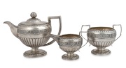 George III antique Scottish sterling silver three piece tea service by Robert Gray & Son of Edinburgh, circa 1818, the teapot 18.5cm high, 23.5cm wide, 1,227 grams total.