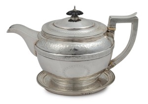 George III antique English sterling silver teapot and stand with bright cut foliate decoration, bearing coat of arms with the motto "VIGET IN CINERE VIRTUS" (Virtue thrives in ashes), by John Emes of London, 1805, (2 items), the teapot 15cm high, 25cm wide, 780 grams total (including wooden finial and timber insert base to stand).