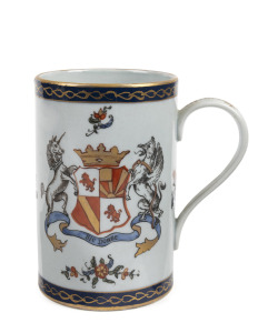SAMSON antique French famille rose armorial porcelain tankard, hand-painted with ducal coat of arms, supported by a unicorn and griffin with the motto "Sic Donec" (So long as), 19th century, faux red Chinese mark to base, 14cm high.