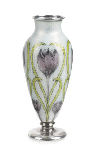 A fine American Art Nouveau sterling silver bud vase, adorned with engine turned guilloche enamel decoration with a repeating crocus motif, early 20th century, stamped "STERLING", 14cm high.