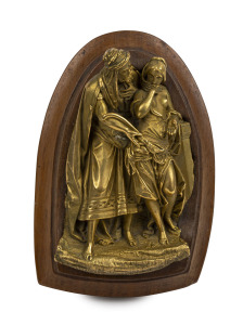 An antique gilt bronze figural group in fitted wooden surround, 19th century, 9cm high overall.