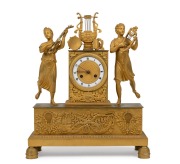 An antique French mantle clock in ornate figural ormolu case depicting minstrels, eight day time and bell striking movement with enamel chaptering and Roman numerals, 19th century, 41cm high.