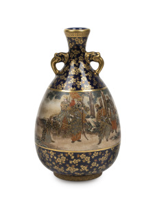 SATSUMA antique Japanese earthenware vase with finely detailed decoration of a samurai procession in landscape, Meiji Period, 15cm high
