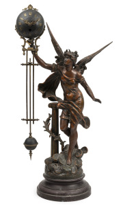 LA VICTOIRE antique French figural spelter mystery swinging clock, 19th century, ​​​​​​​63cm high overall.