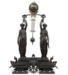 An antique French mystery swinging clock with double figural patinated spelter and black slate base, 19th century, 66cm high.