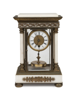 CLAUDE GRIVOLAS rare antique French Carrara marble and ormolu cased 400 day torsion clock with rotary pendulum, time only movement and Roman numerals on enamel chaptering, 19th century, 36cm high.