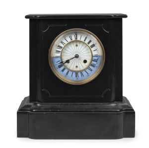 A rare antique French world time clock in Belgian black slate case with eight day time and bell striking movement stamped "Marti et Cie". Two piece vitreous enamel dial with outer twenty-four Roman chaptering divided into day/night. Sunken central rotatin