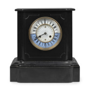 A rare antique French world time clock in Belgian black slate case with eight day time and bell striking movement stamped "Marti et Cie". Two piece vitreous enamel dial with outer twenty-four Roman chaptering divided into day/night. Sunken central rotatin