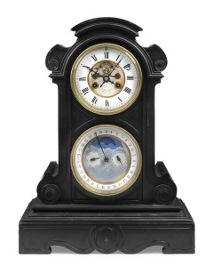 An antique French mantle calendar clock in Belgian slate case. The eight day time and bell striking movement with exposed jewelled anchor escapement, sunken enamel dial and the outer dial with Roman numerals and minute track. The clock also fitted with pe