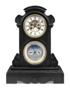 An antique French mantle calendar clock in Belgian slate case. The eight day time and bell striking movement with exposed jewelled anchor escapement, sunken enamel dial and the outer dial with Roman numerals and minute track. The clock also fitted with pe