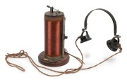 Rare and early crystal set radio and headphones, bearing maker's plaque "MYRADIO", retailed by Myers of Melbourne, early 20th century, 27cm high.