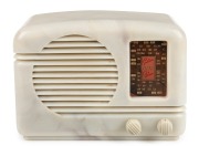 HEALING "GOLDEN VOICE" vintage mantle radio in a mottled (slightly marbled) cream bakelite case, 17.5cm high.