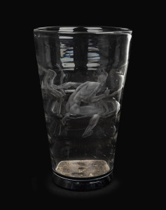 VICKE LINDSTRAND (1904-1983) "Pearl Divers" wheel-cut Swedish glass vase with applied black glass base, for ORREFORS, circa 1930's, engraved "ORREFORS, LINDSTRAND, 115.34.", with engraver's monogram "E.G." (Emil Goldman, worked 1923-1939), 34cm high.