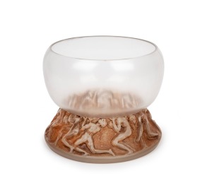 LALIQUE "Lutteur" French frosted art glass vase with brown staining, designed in 1914, acid etched mark to base "R. LALIQUE", 14cm high, 17.5cm diameter.