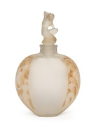 LALIQUE "Meplat Sirenes avec Bouchon Figurine" French frosted glass vase with figural stopper and original sepia finish, circa 1920, 35.5cm high. - 2