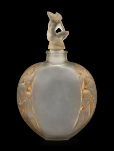 LALIQUE "Meplat Sirenes avec Bouchon Figurine" French frosted glass vase with figural stopper and original sepia finish, circa 1920, 35.5cm high.