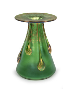 LOETZ "Vesuvian" Bohemian Art Nouveau green art glass vase with flared rim, applied decoration and gilt highlights, circa 1900, 21cm high.