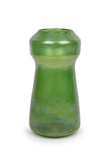 LOETZ Bohemian Art Nouveau tall green art glass vase with iridescent blue peacock decoration, circa 1900, 32cm high.