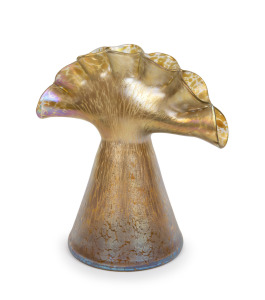 LOETZ Bohemian Art Nouveau iridescent art glass tulip vase, model No. 7891/8, with unusual fan shaped top divided into seven openings, 1899, 25cm high, 24cm wide.