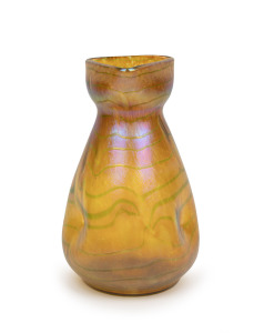 LOETZ Bohemian Art Nouveau iridescent art glass vase with tri-form top, designed by FRITZ HECKERT, circa 1900, 25cm high.