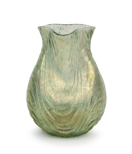 LOETZ Bohemian Art Nouveau green iridescent art glass vase with optic wave pattern decoration, circa 1900, acid etched factory mark to base, 20cm high.