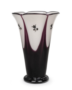 LOETZ Bohemian purple and cream art glass vase with hand-painted floral decoration designed by Michael Powolny, an active member of the famed Wiener Werkst&auml;tte, 1915, 23cm high.