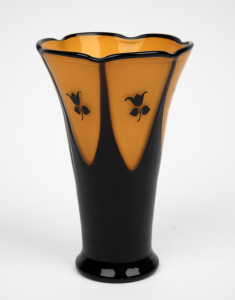 LOETZ Bohemian orange and black art glass vase with hand-painted floral decoration designed by Michael Powolny, an active member of the famed Wiener Werkst&auml;tte, 1915, 16cm high.