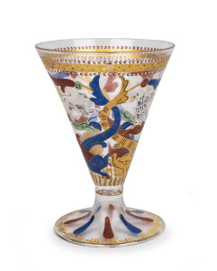 VITTORIO TOSO BORELLA (1878-1915) "Campanile Cup" Murano glass with enamel decoration, for Venice and Murano Glass and Mosaic Co., circa 1912, 13.5cm high.