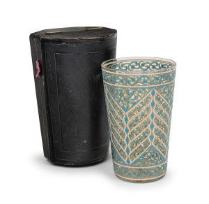 PHILIPPE-JOSEPH BROCARD fine quality antique French glass tumbler with turquoise and white enamel decoration and gilded highlights, housed in original plush fitted case, circa 1870s, signed "Brocard, France", 11.5cm high.
