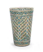PHILIPPE-JOSEPH BROCARD fine quality antique French glass tumbler with turquoise and white enamel decoration and gilded highlights, housed in original plush fitted case, circa 1870s, signed "Brocard, France", 11.5cm high. - 3