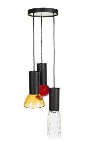 WHITEFRIARS English three branch hanging pendant light with coloured glass shades, circa 1960s, Note: this light fitting won the Prince Philip Design Award. 88cm high overall.