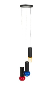 WHITEFRIARS English three branch hanging pendant light with coloured glass shades, circa 1960s, 130cm high overall.
