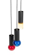 WHITEFRIARS English three branch hanging pendant light with coloured glass shades, circa 1960s, 130cm high overall. - 2