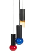 WHITEFRIARS English three branch hanging pendant light with coloured glass shades, circa 1960s, 130cm high overall. - 3
