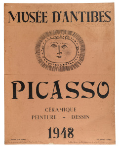 PABLO PICASSO "Musee d'Antibes - Ceramique, Peinture, Dessin" original cardboard exhibition poster, circa 1948. with hand-written manuscript noted to the lower margin "From the upstairs room used by Picasso in his Musee Grimaldi d'Antibes. To Allan Hender